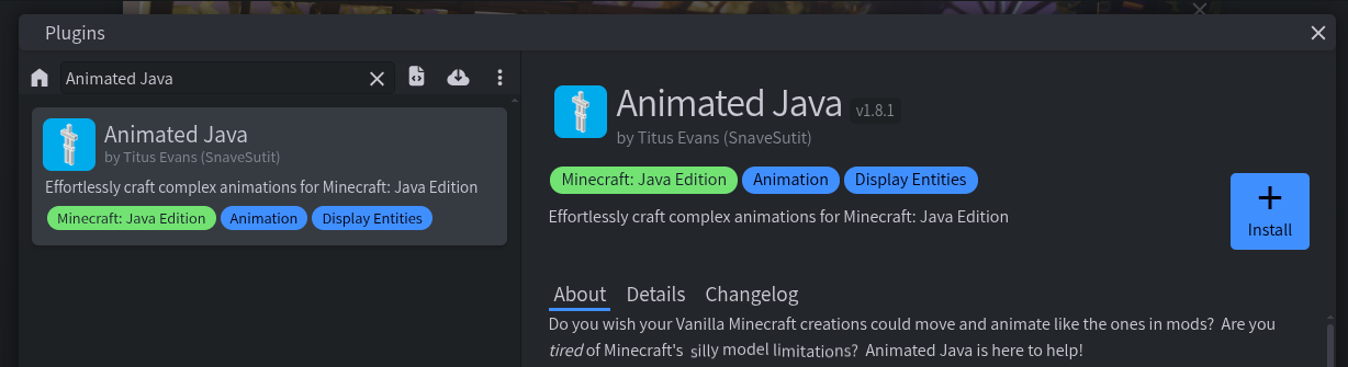 Search for Animated Java in the plugin marketplace